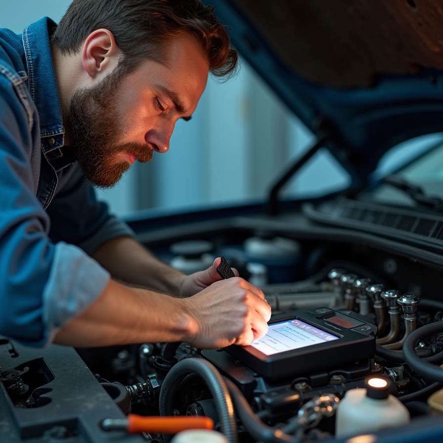 Mechaniker bei der digitalen Fahrzeugdiagnose
